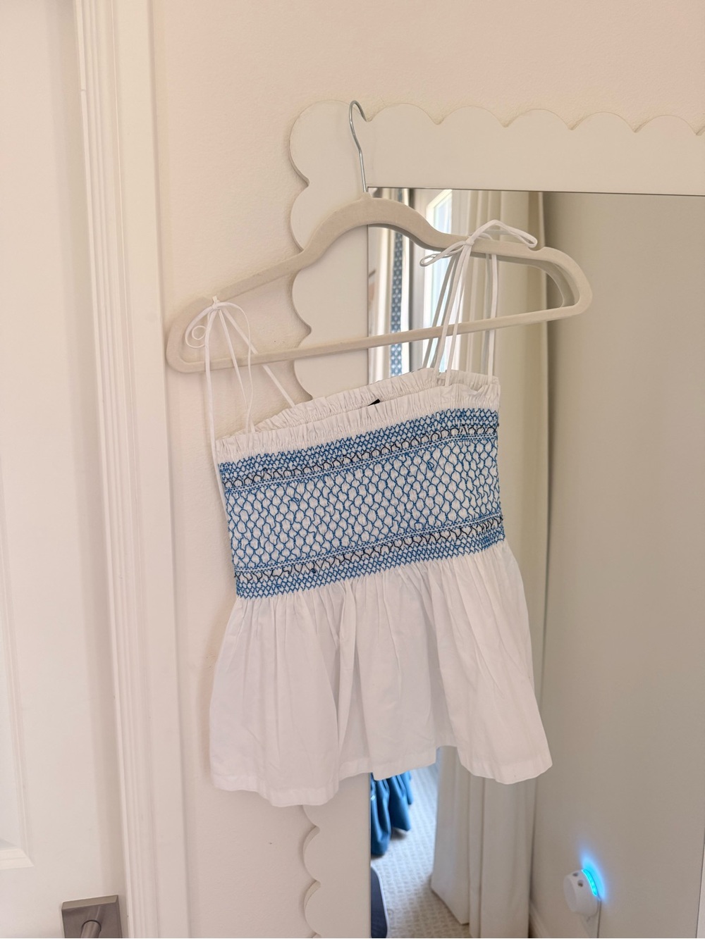 J. Crew White Smocked Tank with Blue Embroidery